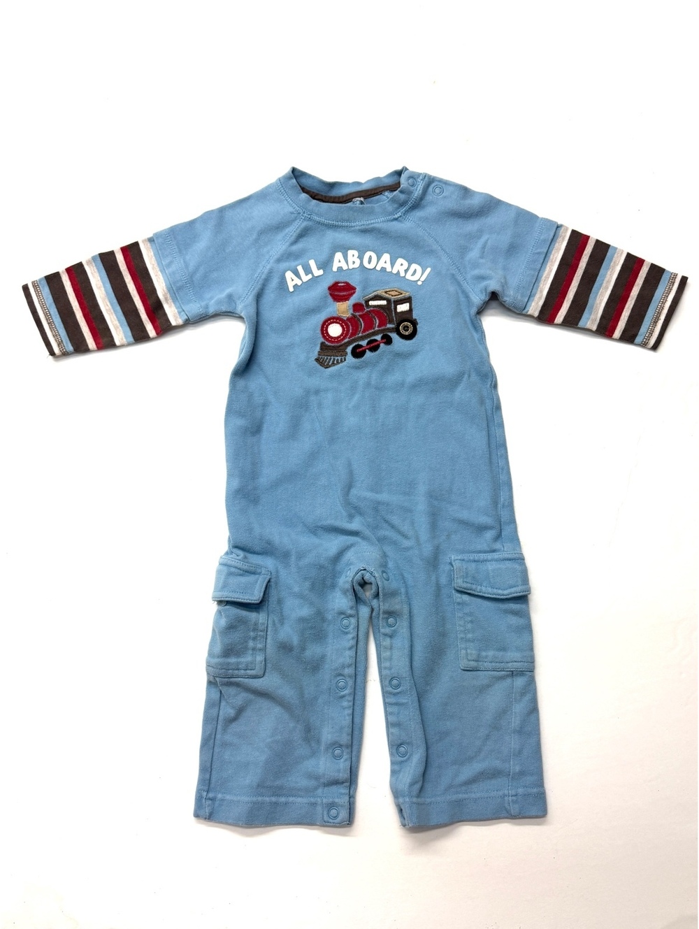 Vintage Gymboree 2007 Y2K Blue Train Caboose All Aboard Holiday Express Romper